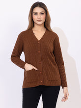 2344 Brown Self Design V Neck Acrylic Wool Cardigan With Front Two Pockets TWENTY ME
