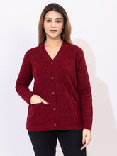 2344 Maroon Self Design V Neck Acrylic Wool Cardigan With Front Two Pockets TWENTY ME
