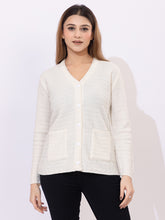 2032 White Self Design V Neck Acrylic Wool Cardigan With Front Two Pockets TWENTY ME
