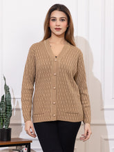 2344 Camel Self Design V Neck Acrylic Wool Cardigan With Front Two Pockets TWENTY ME