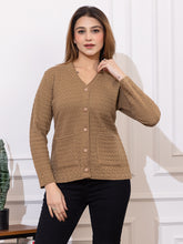 2032 Camel Self Design V Neck Acrylic Wool Cardigan With Front Two Pockets TWENTY ME