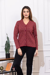 2884 Maroon Acrylic Blend V Neck Full Sleeve Women's Cardigans Winter Wear TWENTY ME