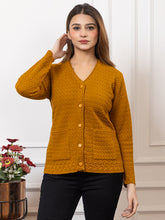 2032 Mustard Self Design V Neck Acrylic Wool Cardigan With Front Two Pockets TWENTY ME