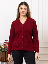 2032 Maroon Self Design V Neck Acrylic Wool Cardigan With Front Two Pockets TWENTY ME