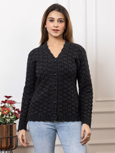 2383 Black Self Design Full Sleeves V Neck Acrylic Wool Warm Cardigan for Women TWENTY ME
