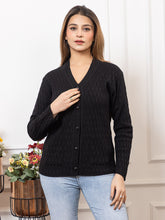 2344 Black Self Design V Neck Acrylic Wool Cardigan With Front Two Pockets TWENTY ME