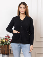 2032 Black Self Design V Neck Acrylic Wool Cardigan With Front Two Pockets TWENTY ME