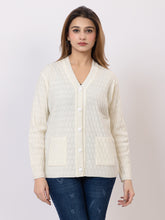 2344 White Self Design V Neck Acrylic Wool Cardigan With Front Two Pockets TWENTY ME