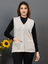 1221 White Self Design Sleeveless V Neck Acrylic Wool Warm Front Two Pockets Cardigan TWENTY ME