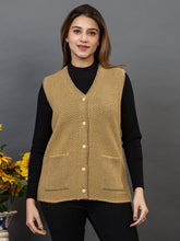 1221 Camel Self Design Sleeveless V Neck Acrylic Wool Warm Front Two Pockets Cardigan TWENTY ME