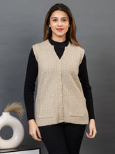 1239 Beige Self Design Sleeveless V Neck Acrylic Wool Warm Front Two Pockets Cardigan TWENTY ME