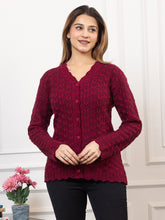 2383 Maroon Self Design Full Sleeves V Neck Acrylic Wool Warm Cardigan for Women TWENTY ME