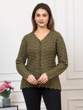 2383 Green Self Design Full Sleeves V Neck Acrylic Wool Warm Cardigan for Women TWENTY ME