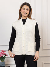 1266 White Self Design Sleeveless V Neck Acrylic Wool Warm Front Two Pockets Cardigan TWENTY ME