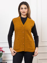 1266 Mustard Self Design Sleeveless V Neck Acrylic Wool Warm Front Two Pockets Cardigan TWENTY ME