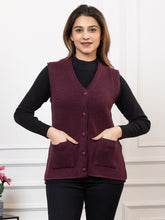 1221 Wine Self Design Sleeveless V Neck Acrylic Wool Warm Front Two Pockets Cardigan TWENTY ME