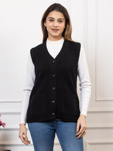 1221 Black Self Design Sleeveless V Neck Acrylic Wool Warm Front Two Pockets Cardigan TWENTY ME