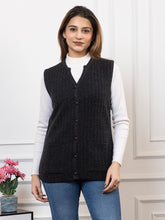 1239 Black Self Design Sleeveless V Neck Acrylic Wool Warm Front Two Pockets Cardigan TWENTY ME