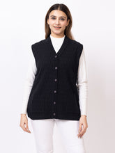 1266 Black Self Design Sleeveless V Neck Acrylic Wool Warm Front Two Pockets Cardigan TWENTY ME