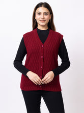 1266 Maroon Self Design Sleeveless V Neck Acrylic Wool Warm Front Two Pockets Cardigan TWENTY ME