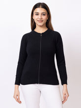 6609 Black Front Zip Full Sleeve Solid Acrylic Women Cardigans Winter Wear TWENTY ME