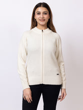 6609 White Front Zip Full Sleeve Solid Acrylic Women Cardigans Winter Wear TWENTY ME