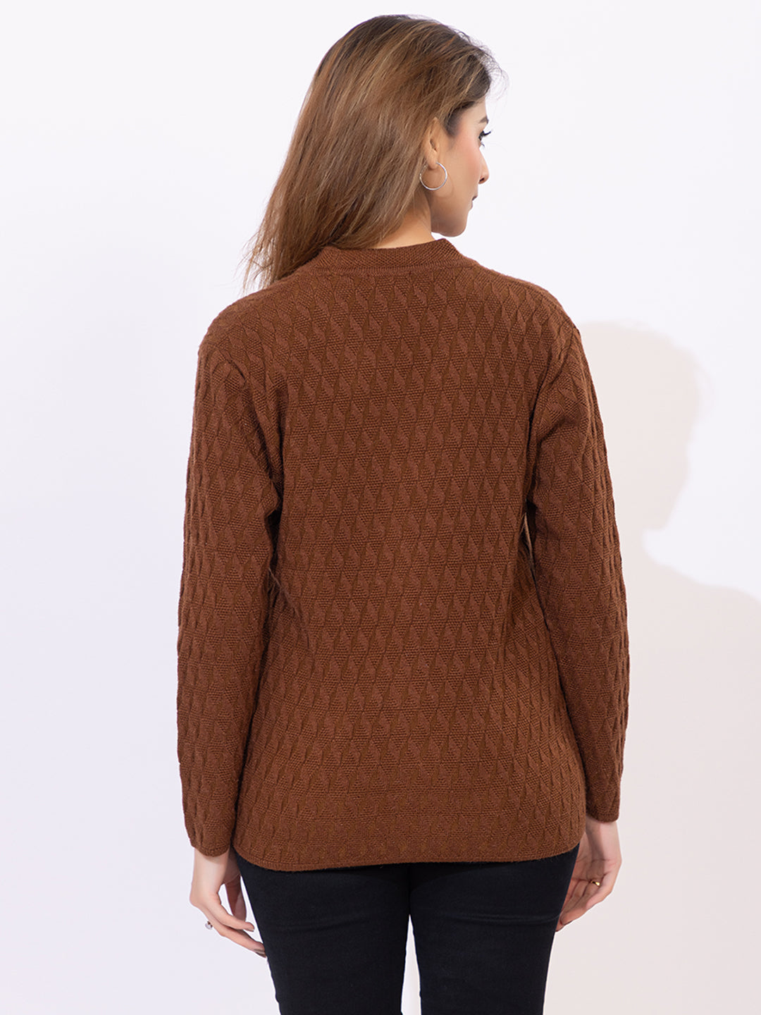 2344 Brown Self Design V Neck Acrylic Wool Cardigan With Front Two Pockets TWENTY ME