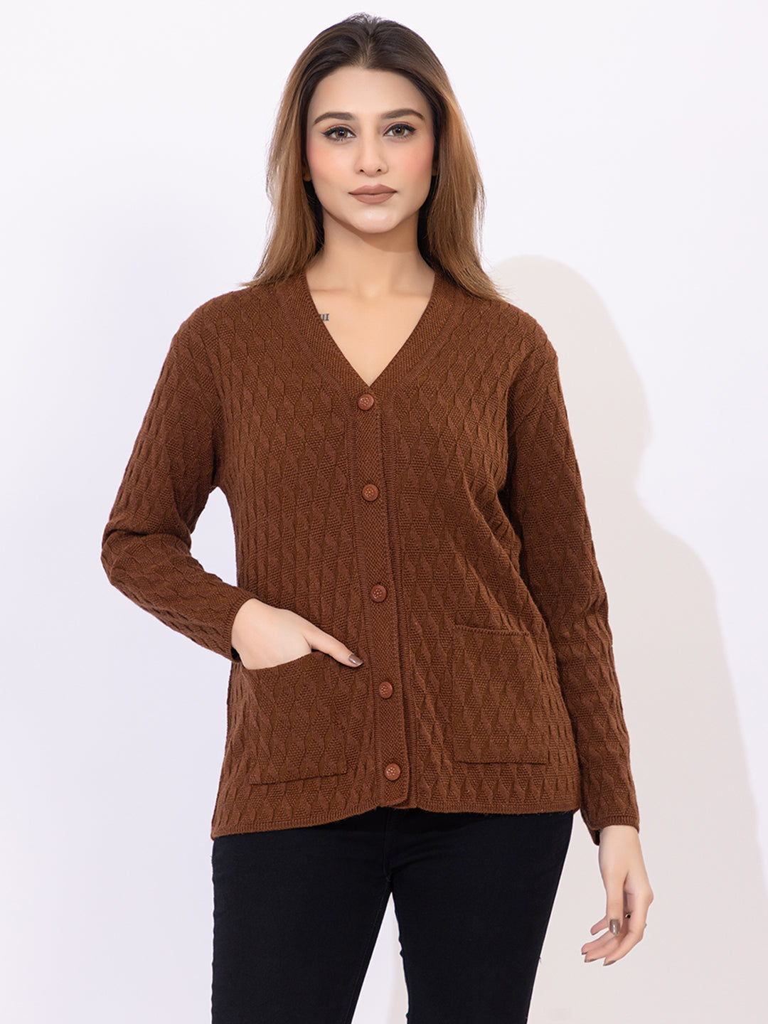 2344 Brown Self Design V Neck Acrylic Wool Cardigan With Front Two Pockets TWENTY ME