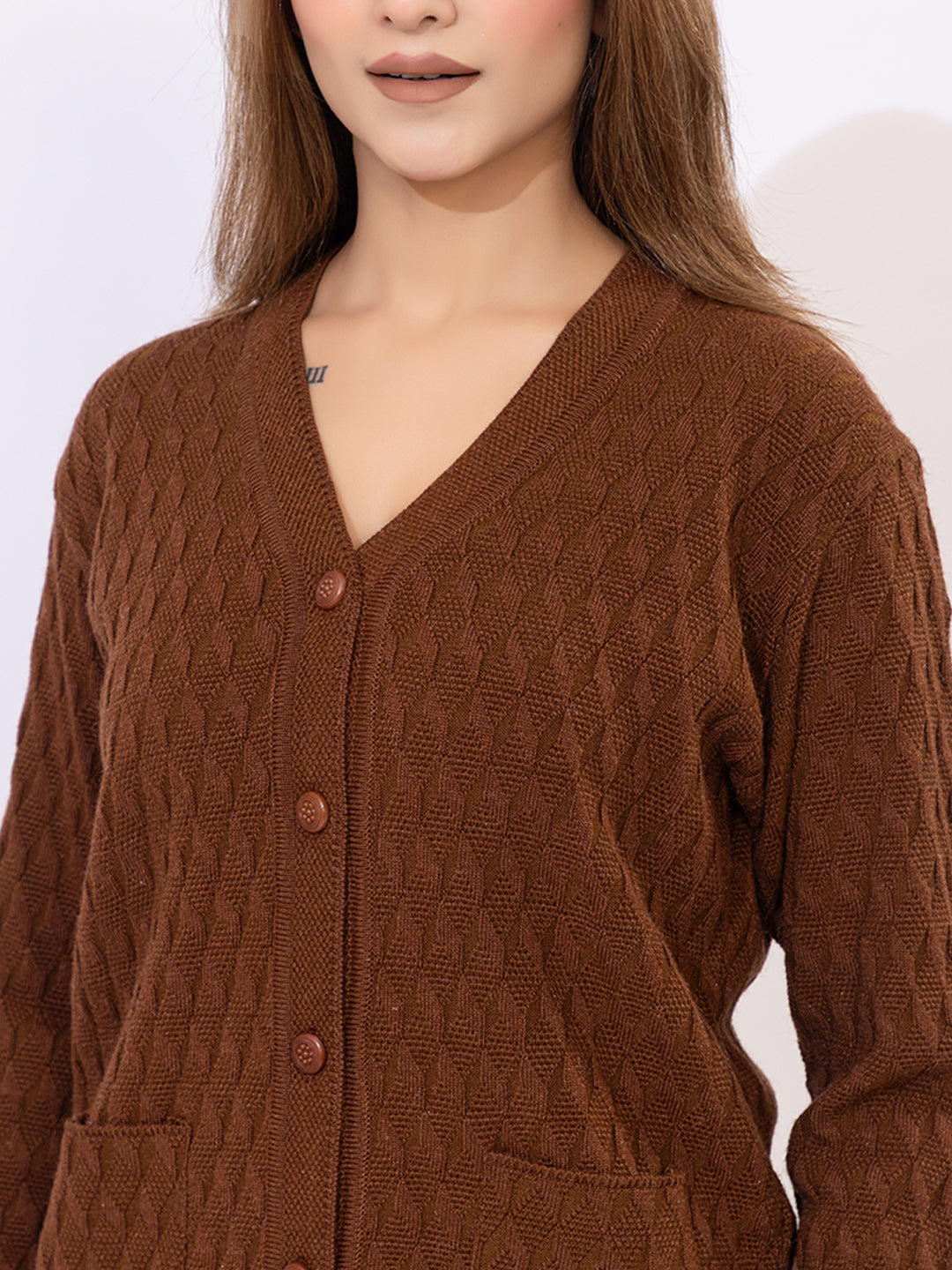 2344 Brown Self Design V Neck Acrylic Wool Cardigan With Front Two Pockets TWENTY ME