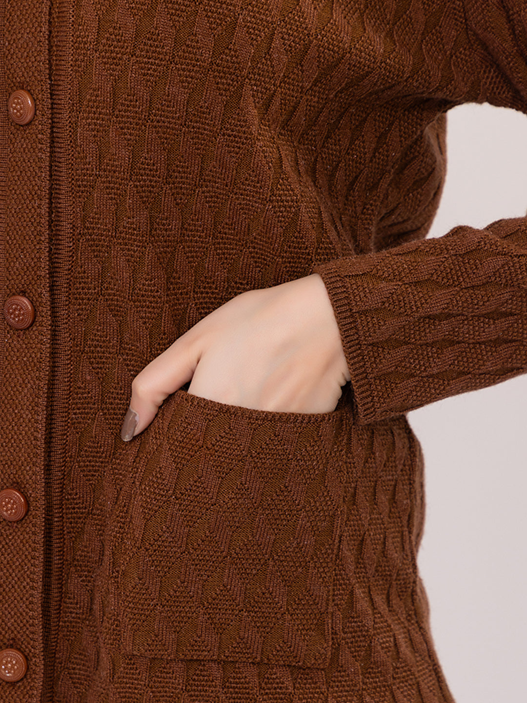 2344 Brown Self Design V Neck Acrylic Wool Cardigan With Front Two Pockets TWENTY ME