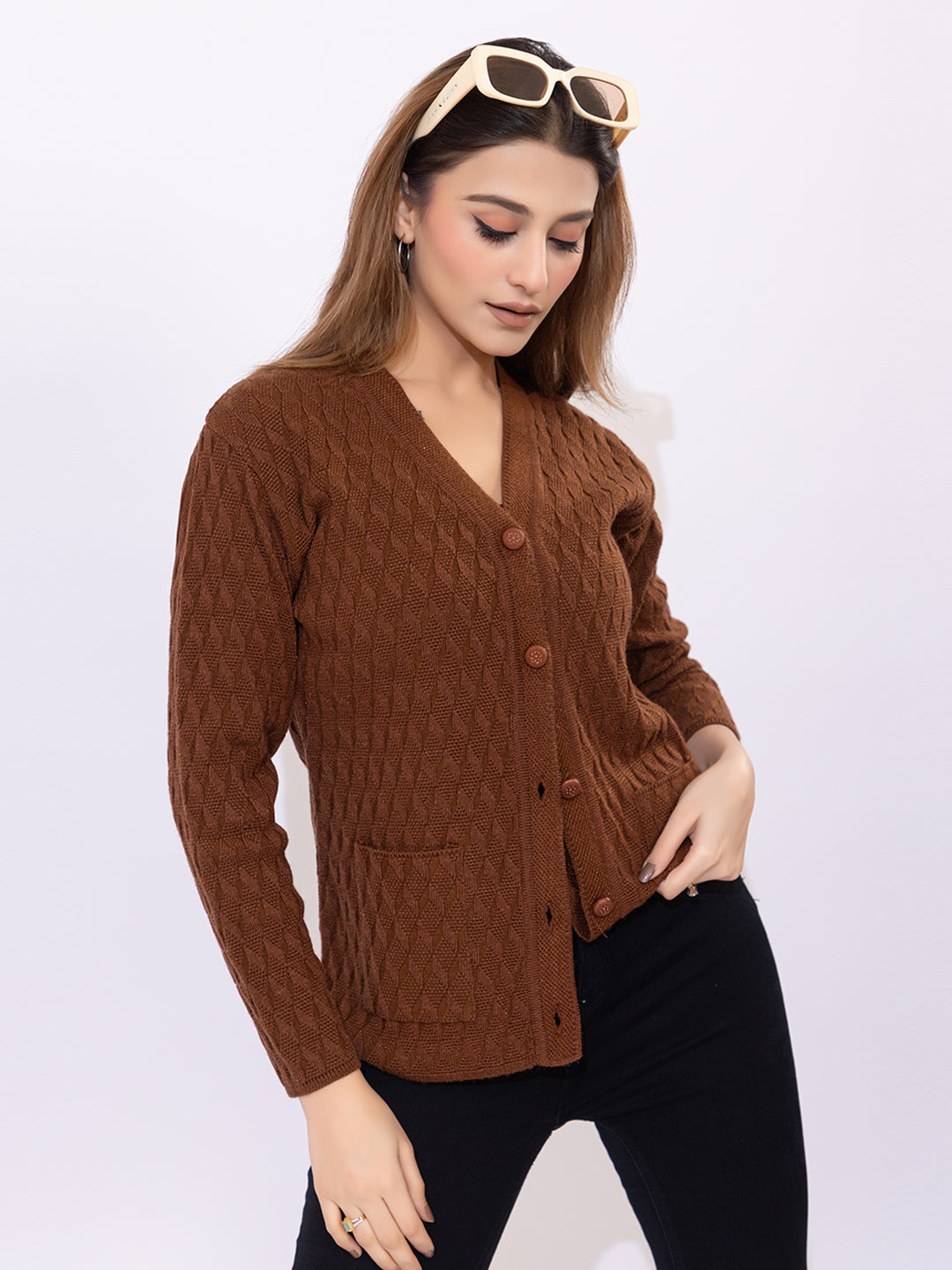 2344 Brown Self Design V Neck Acrylic Wool Cardigan With Front Two Pockets TWENTY ME