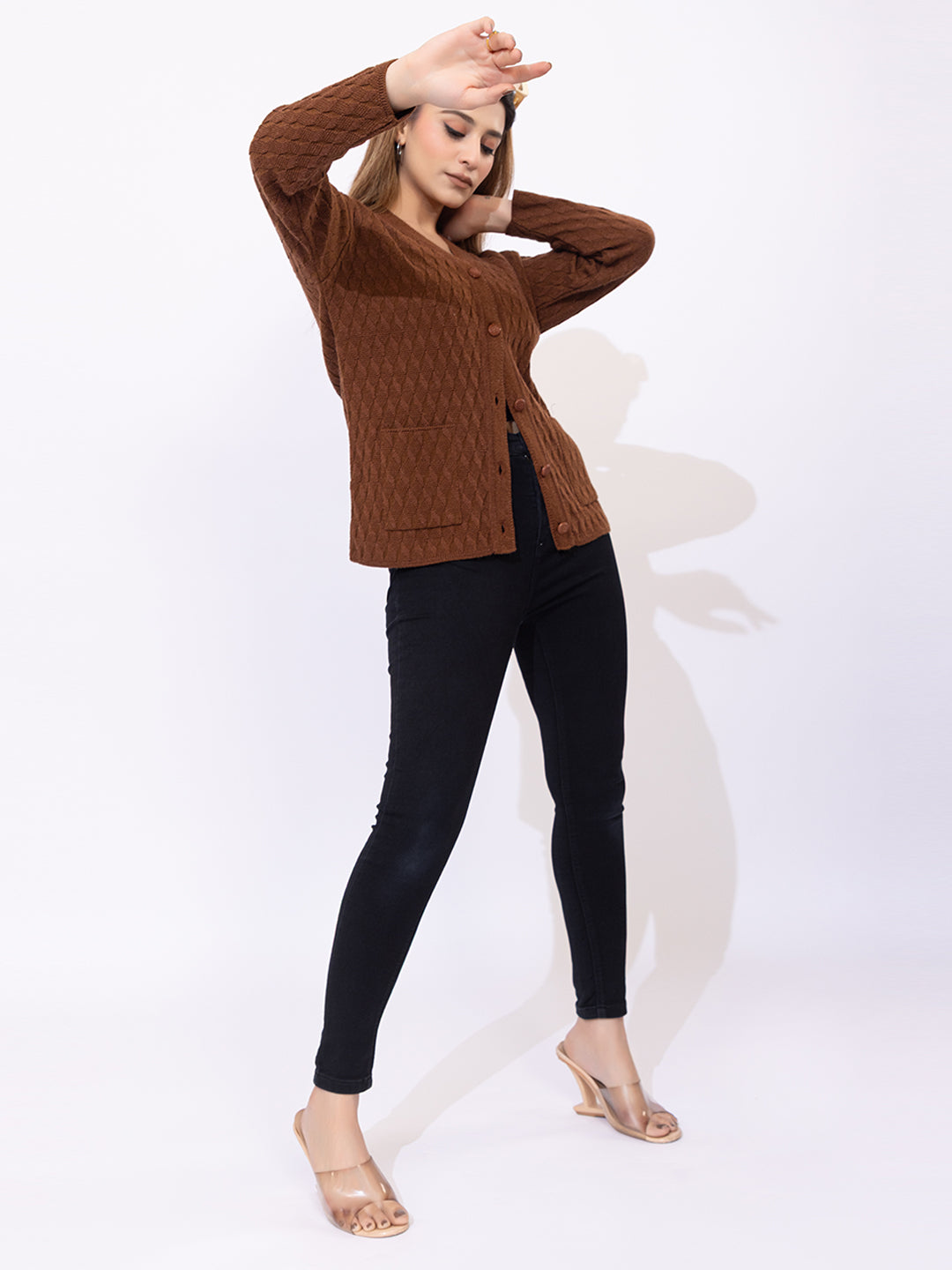 2344 Brown Self Design V Neck Acrylic Wool Cardigan With Front Two Pockets TWENTY ME