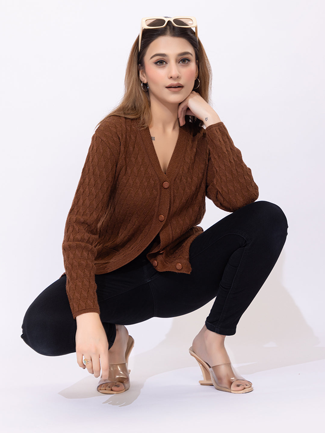 2344 Brown Self Design V Neck Acrylic Wool Cardigan With Front Two Pockets TWENTY ME