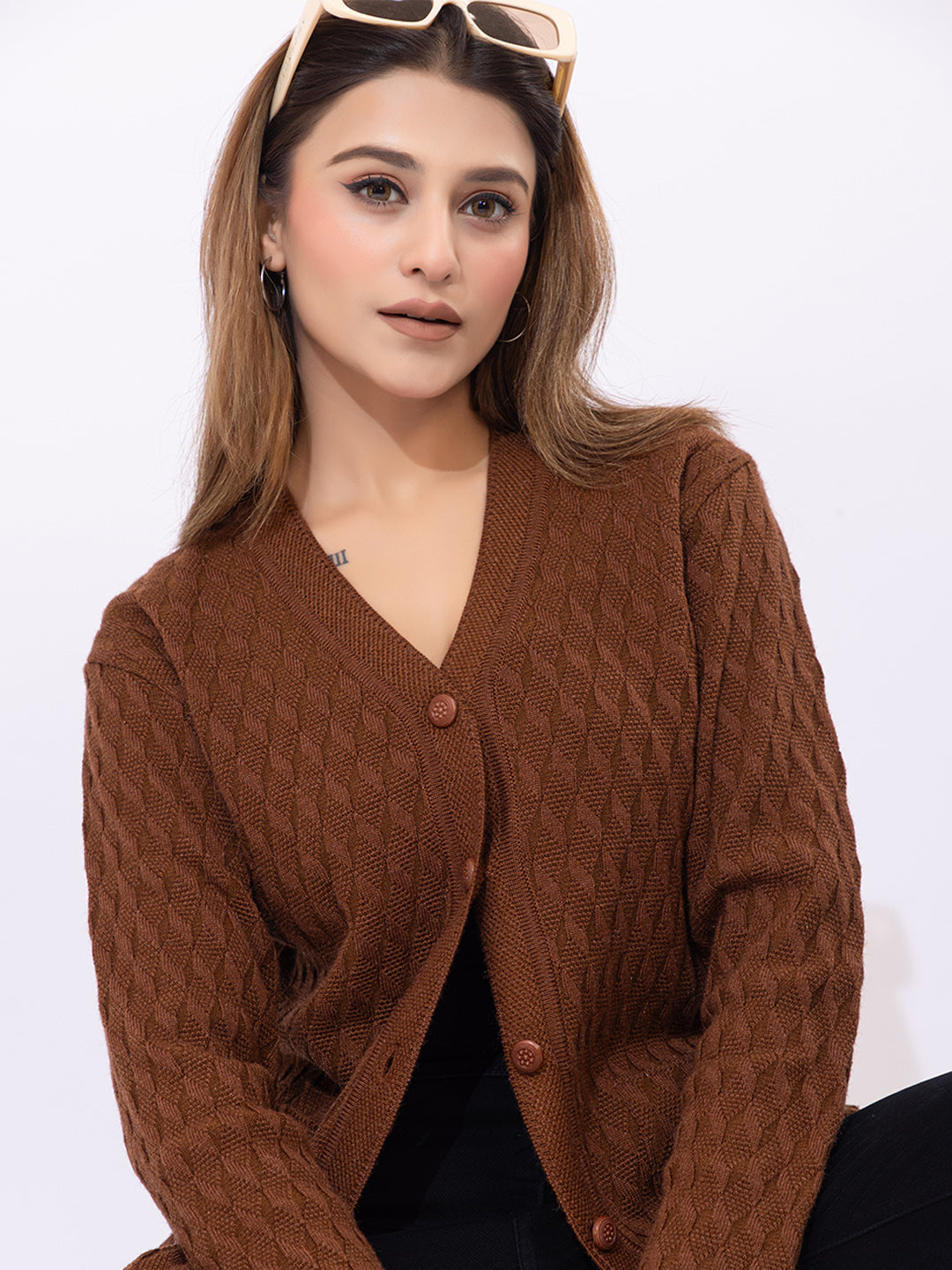 2344 Brown Self Design V Neck Acrylic Wool Cardigan With Front Two Pockets TWENTY ME