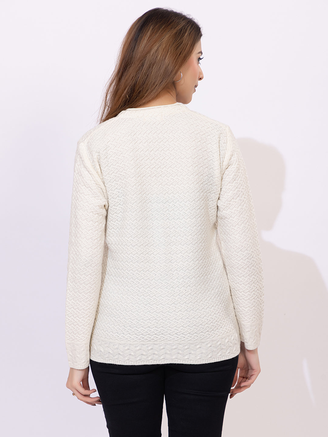 2032 White Self Design V Neck Acrylic Wool Cardigan With Front Two Pockets TWENTY ME