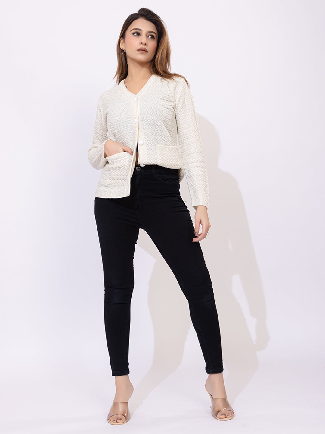2032 White Self Design V Neck Acrylic Wool Cardigan With Front Two Pockets TWENTY ME
