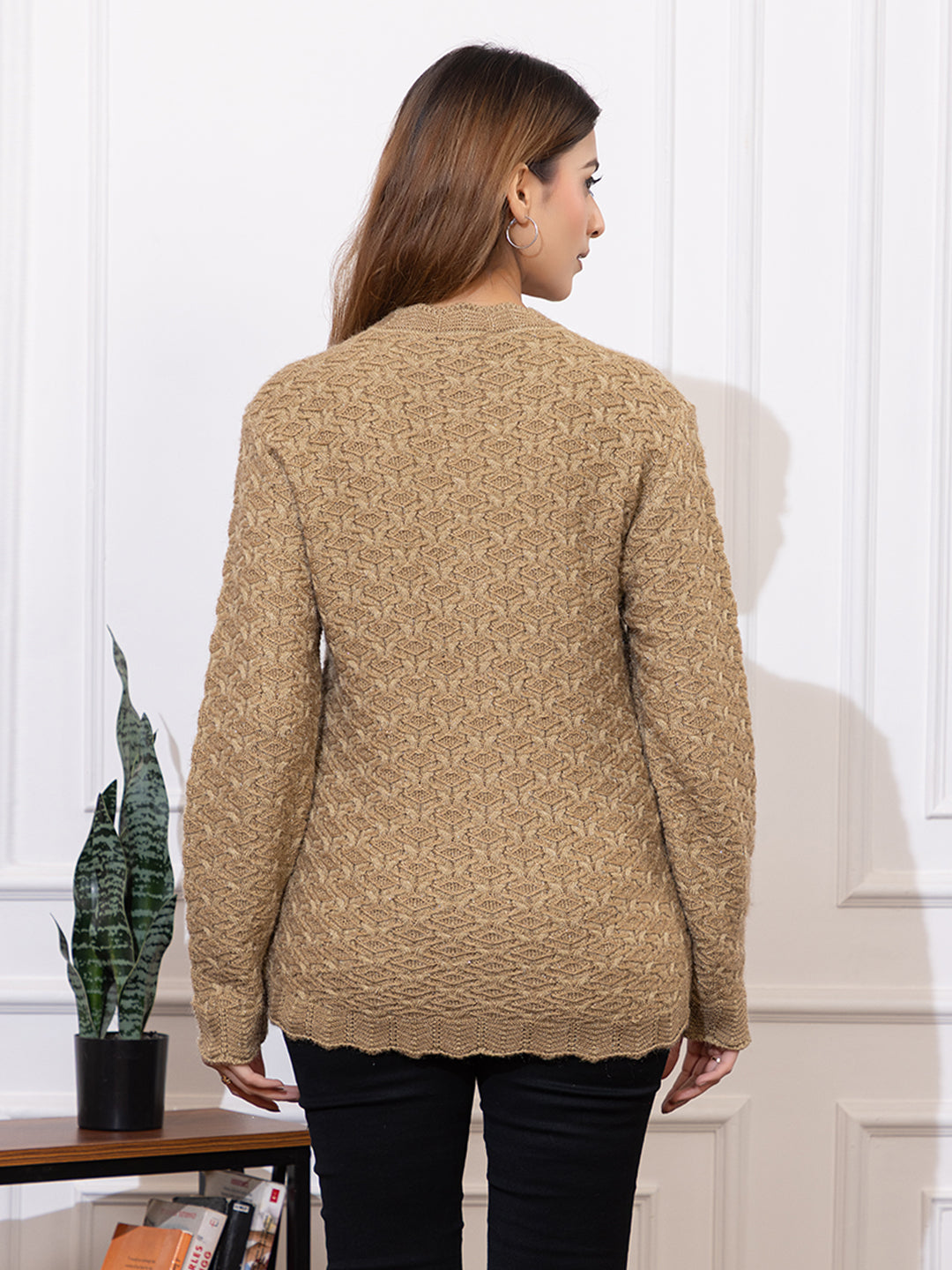 2383 Beige Self Design Full Sleeves V Neck Acrylic Wool Warm Cardigan for Women TWENTY ME