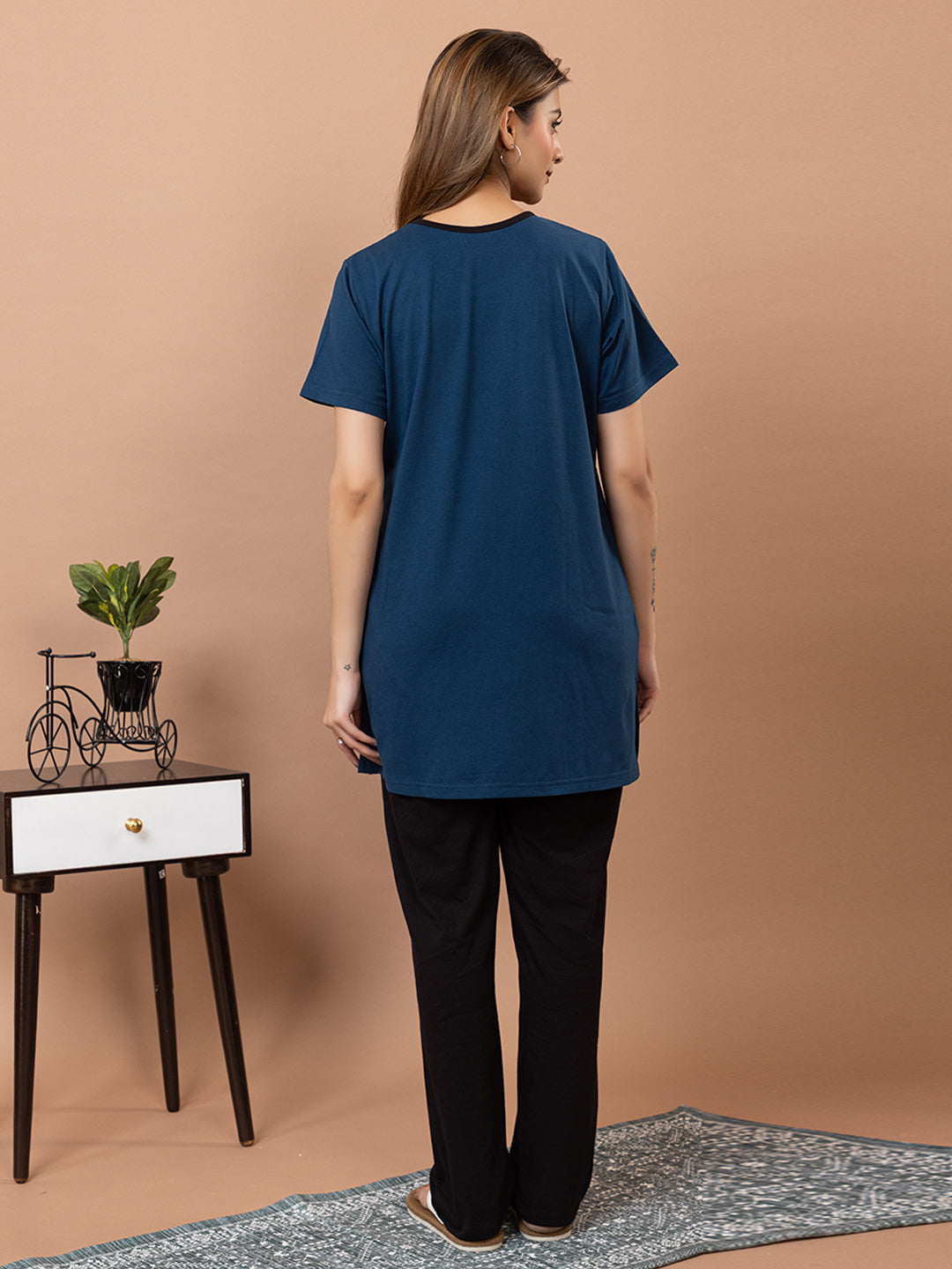 Tme-506 Navy Round Neck Cotton  Night Suit Summer Wear TWENTY ME