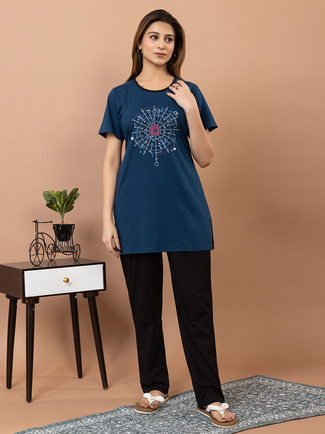 Tme-506 Navy Round Neck Cotton  Night Suit Summer Wear TWENTY ME