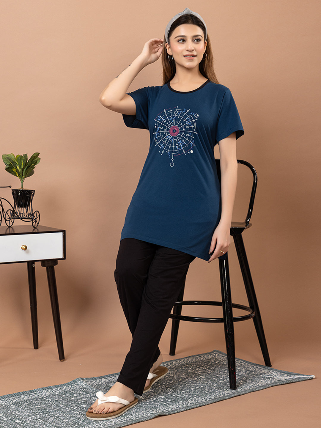 Tme-506 Navy Round Neck Cotton  Night Suit Summer Wear TWENTY ME
