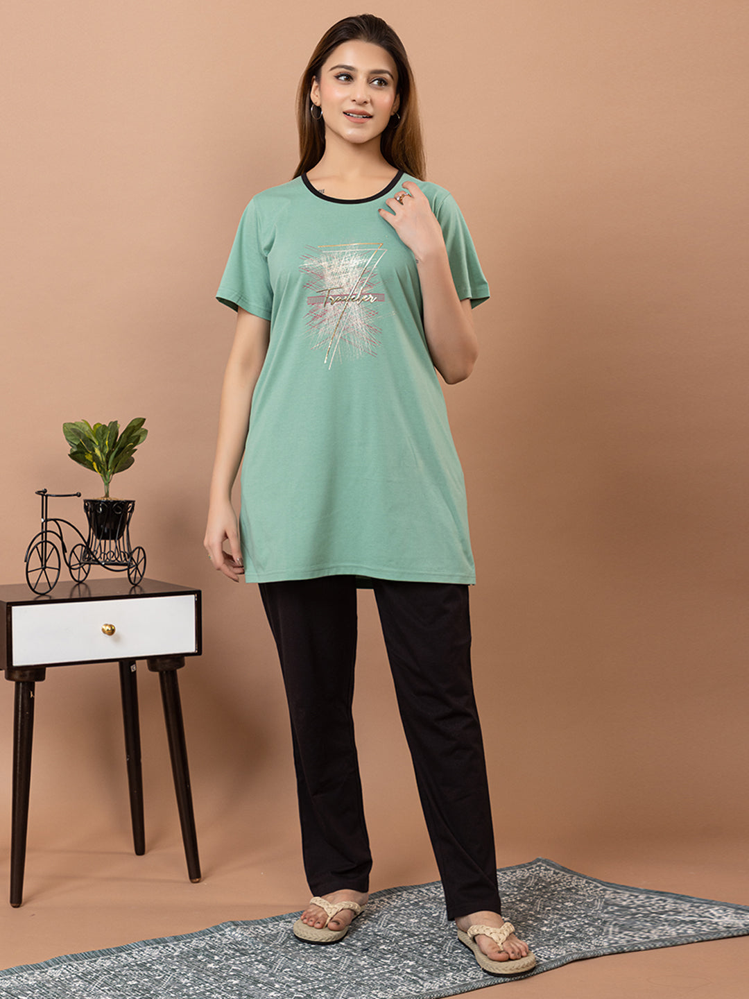 Tme-503 L.Green Round Neck Cotton  Night Suit Summer Wear TWENTY ME