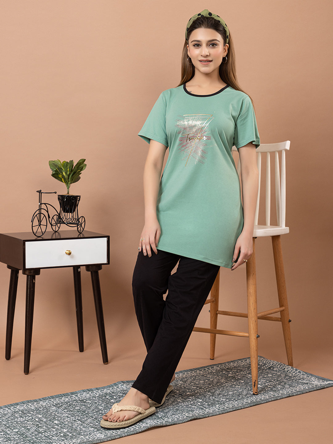Tme-503 L.Green Round Neck Cotton  Night Suit Summer Wear TWENTY ME