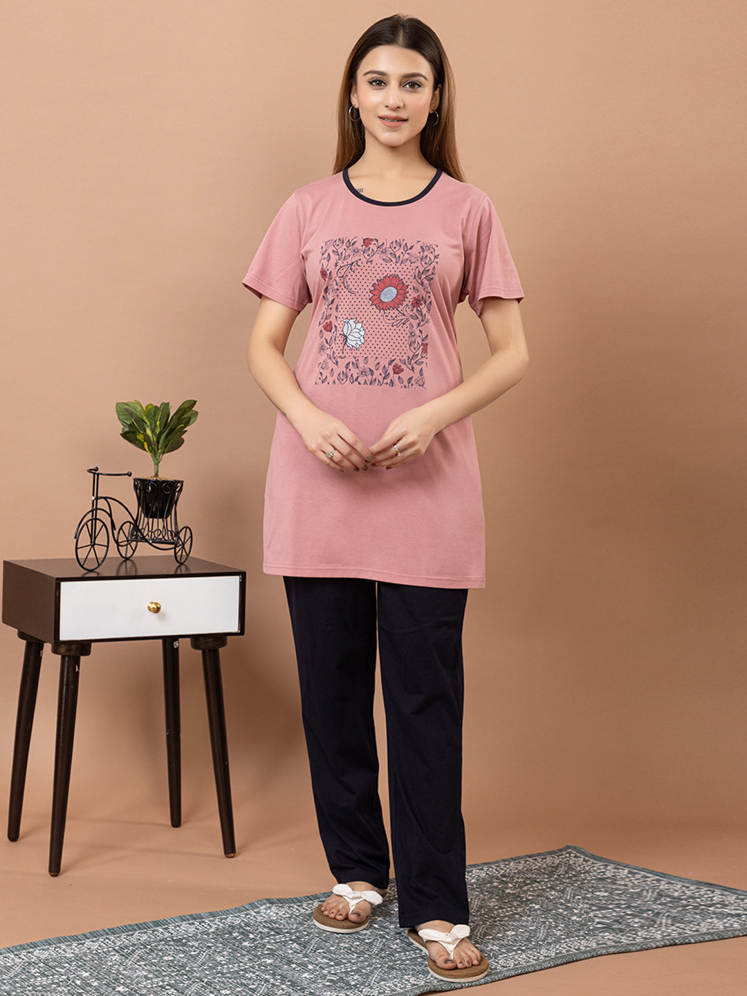 Tme-503 LT.Pink Round Neck Cotton  Night Suit Summer Wear TWENTY ME