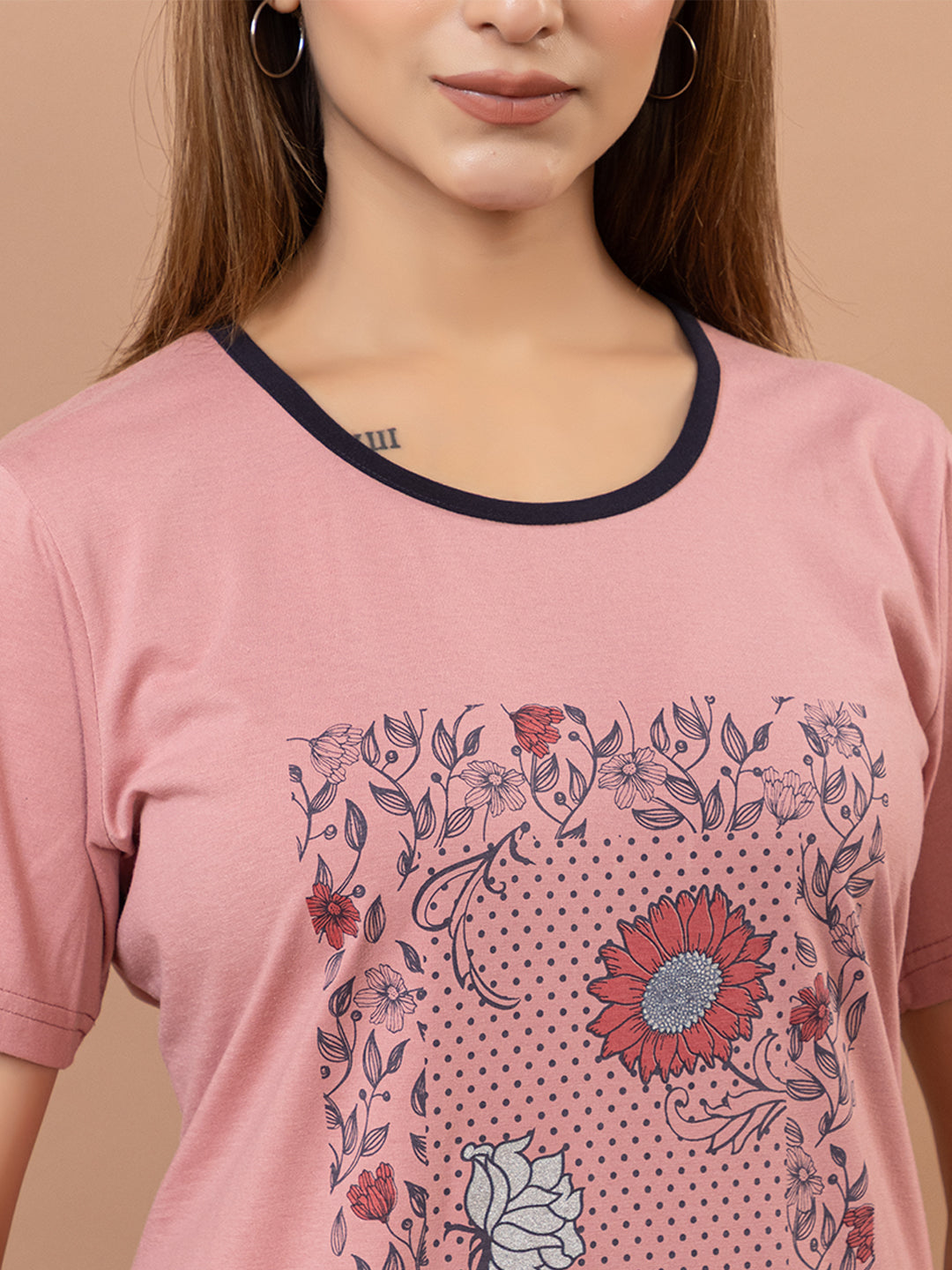 Tme-503 LT.Pink Round Neck Cotton  Night Suit Summer Wear TWENTY ME