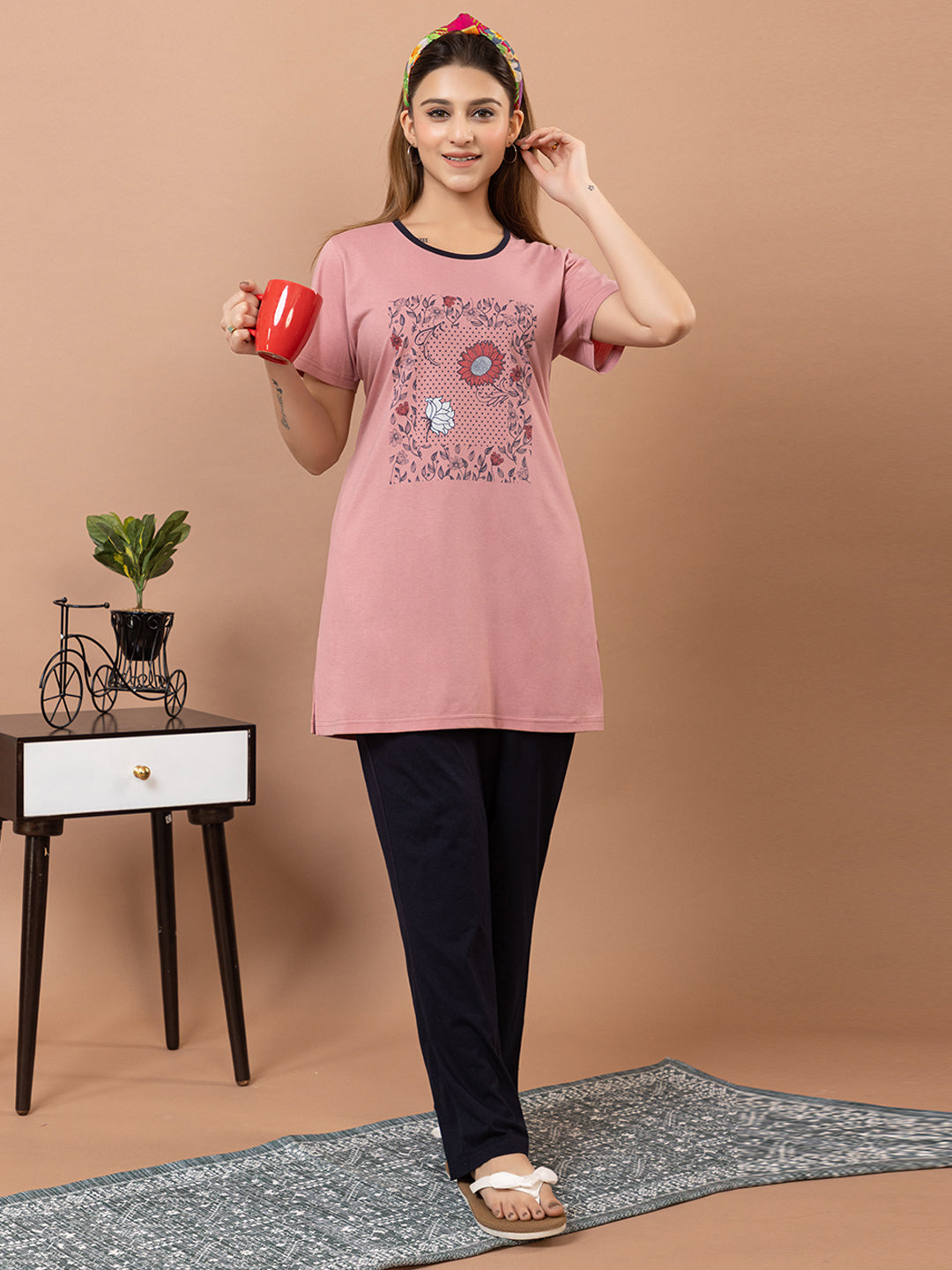 Tme-503 LT.Pink Round Neck Cotton  Night Suit Summer Wear TWENTY ME