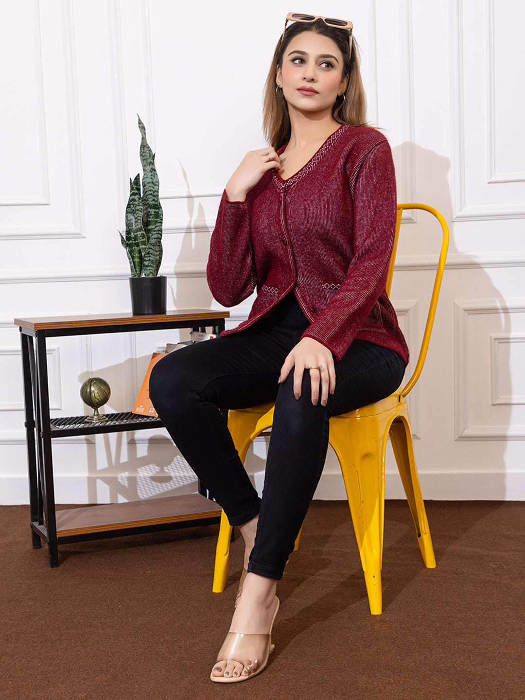 2892 Maroon Acrylic Nylon Button Closure Soft & Warm Cardigans Winter Wear TWENTY ME