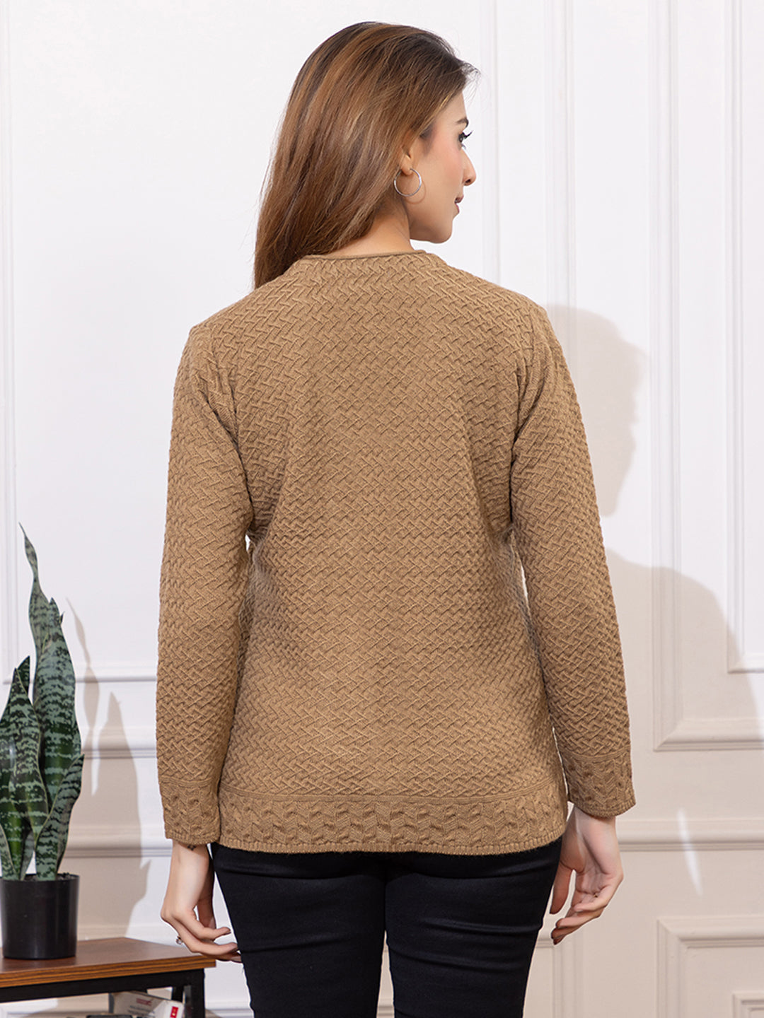 2032 Camel Self Design V Neck Acrylic Wool Cardigan With Front Two Pockets TWENTY ME