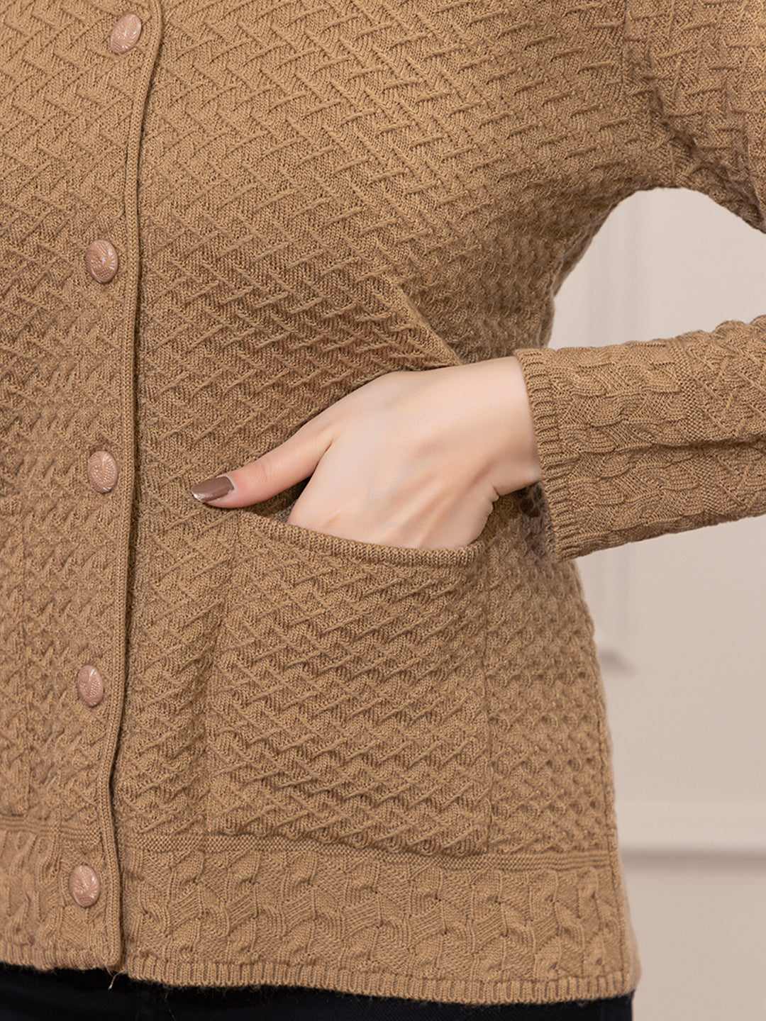 2032 Camel Self Design V Neck Acrylic Wool Cardigan With Front Two Pockets TWENTY ME