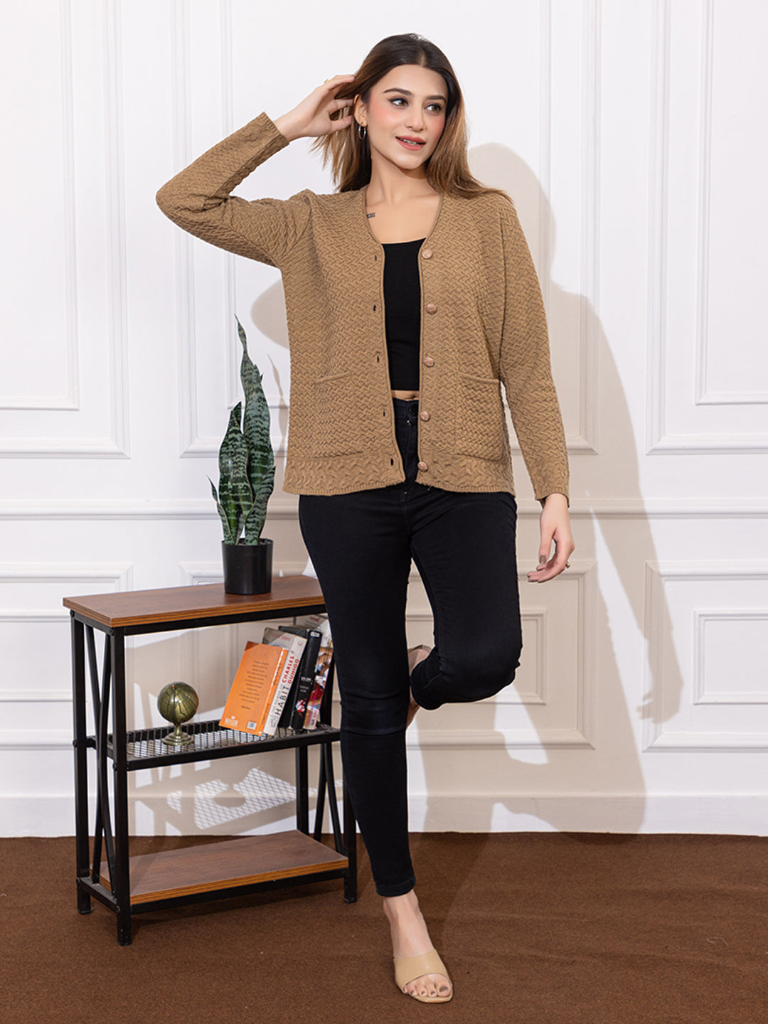 2032 Camel Self Design V Neck Acrylic Wool Cardigan With Front Two Pockets TWENTY ME