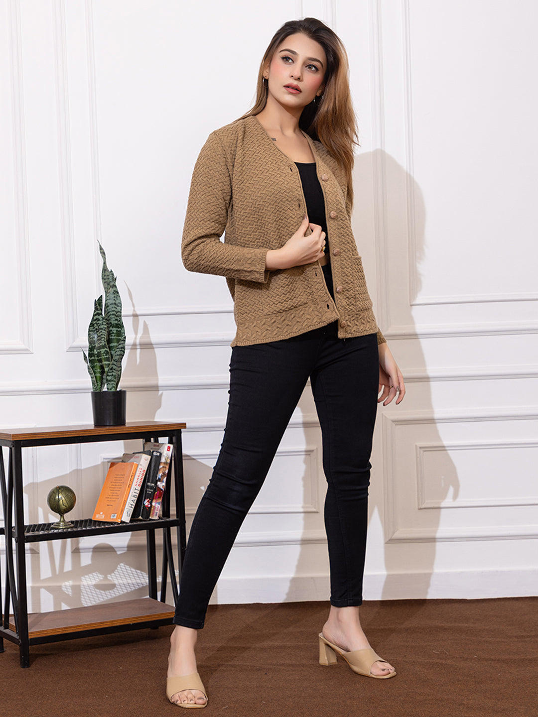 2032 Camel Self Design V Neck Acrylic Wool Cardigan With Front Two Pockets TWENTY ME